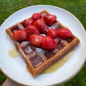buttermilk waffle strawberry compote maple syrup