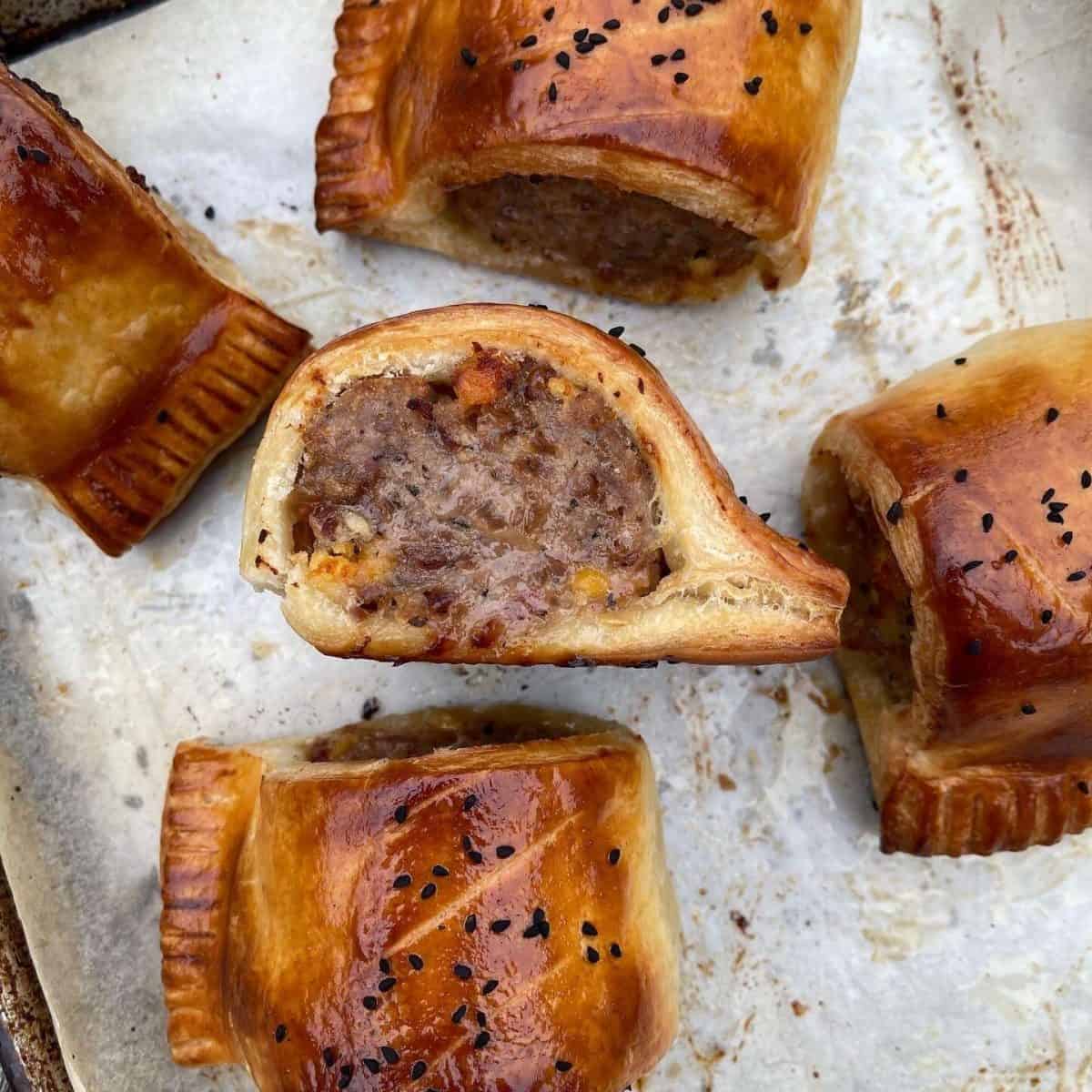 caramelised onion sausage rolls with Wensleydale