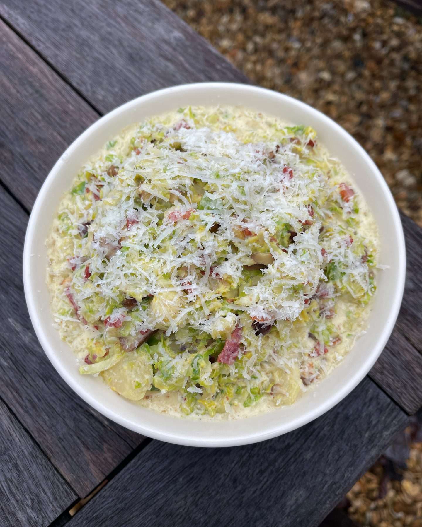 cheesy brussel sprouts with chesnuts & bacon