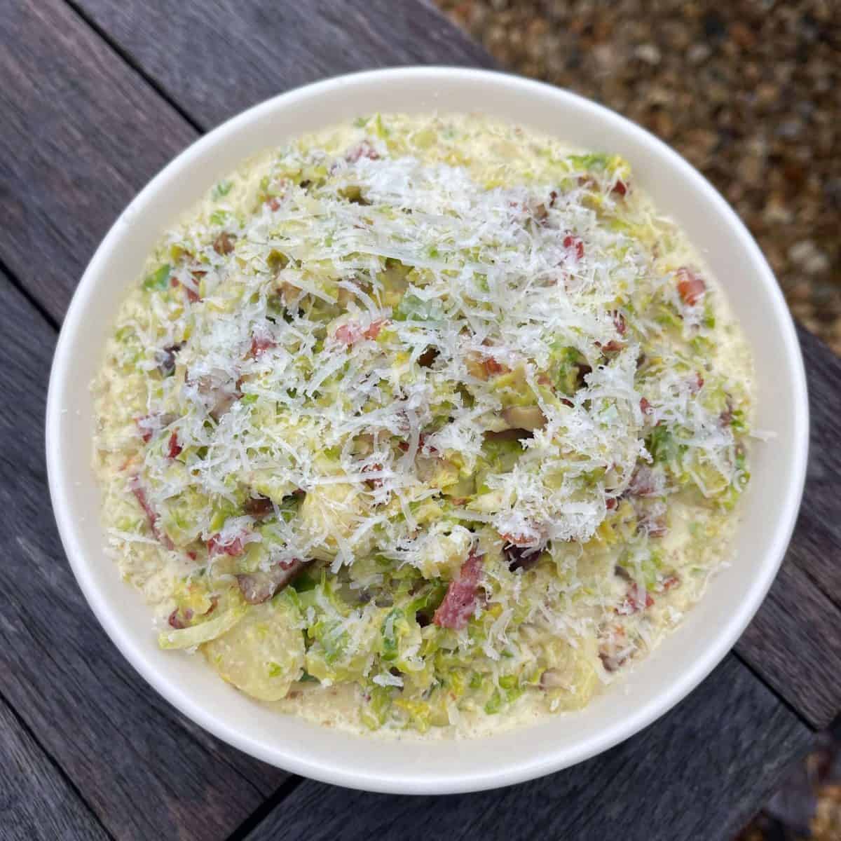 cheesy brussel sprouts with chesnuts & bacon