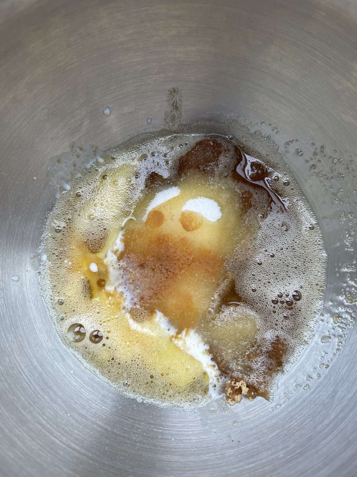 brown butter and sugars for cookie dough