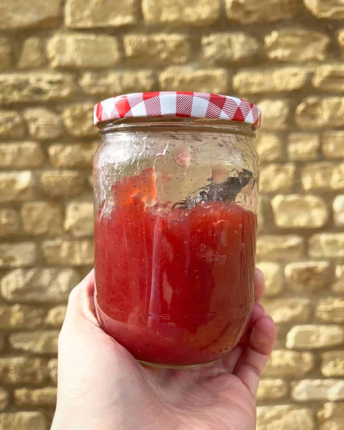 forced rhubarb vanilla bean jam jar