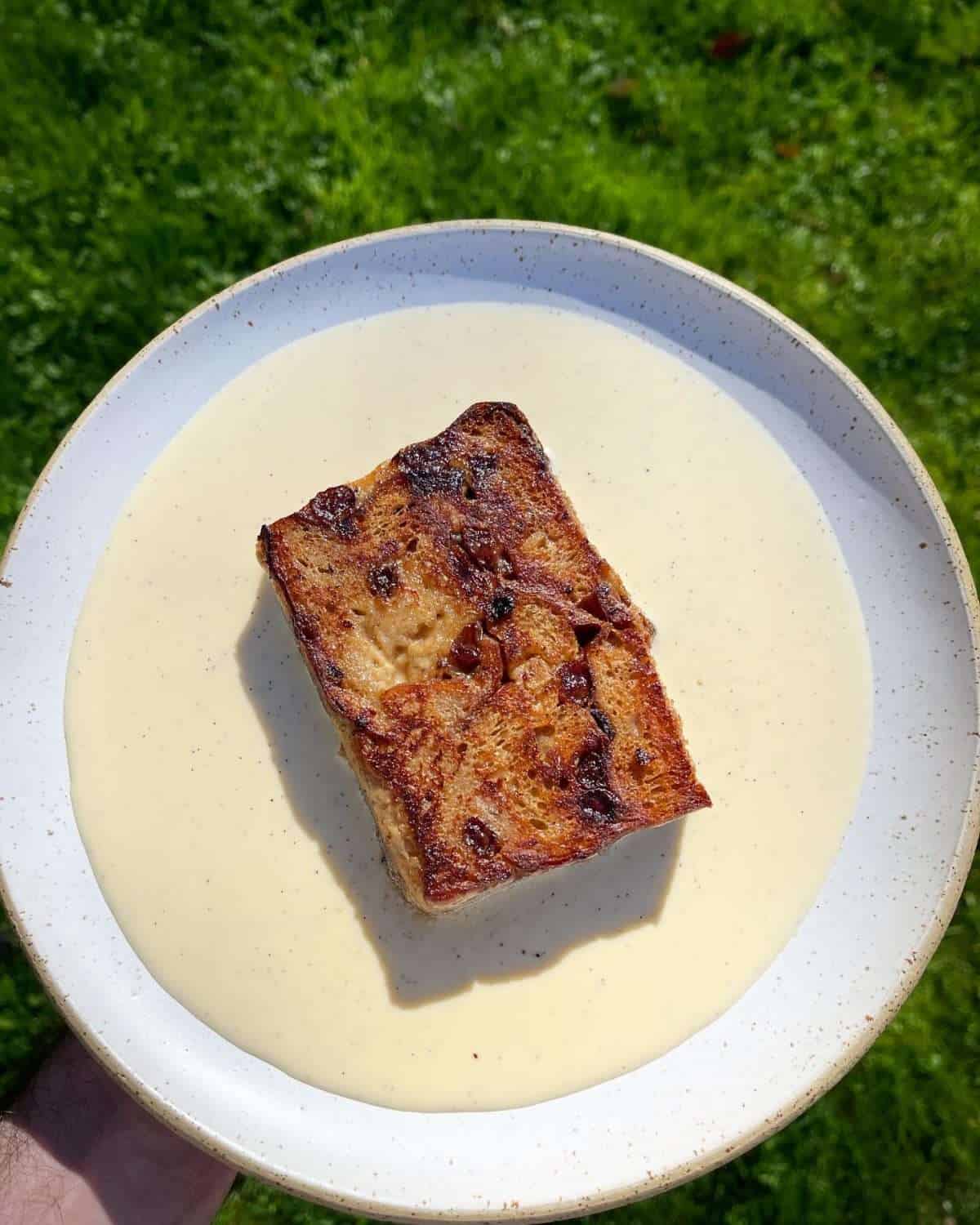 fried hot cross bun bread & butter pudding with custard