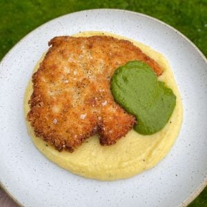 crispy chicken cutlets with parmesan polenta & salsa verde