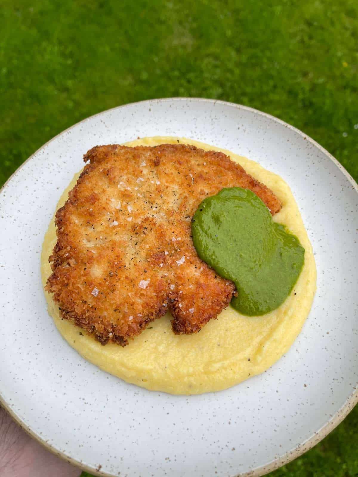 crispy chicken cutlets with parmesan polenta & salsa verde