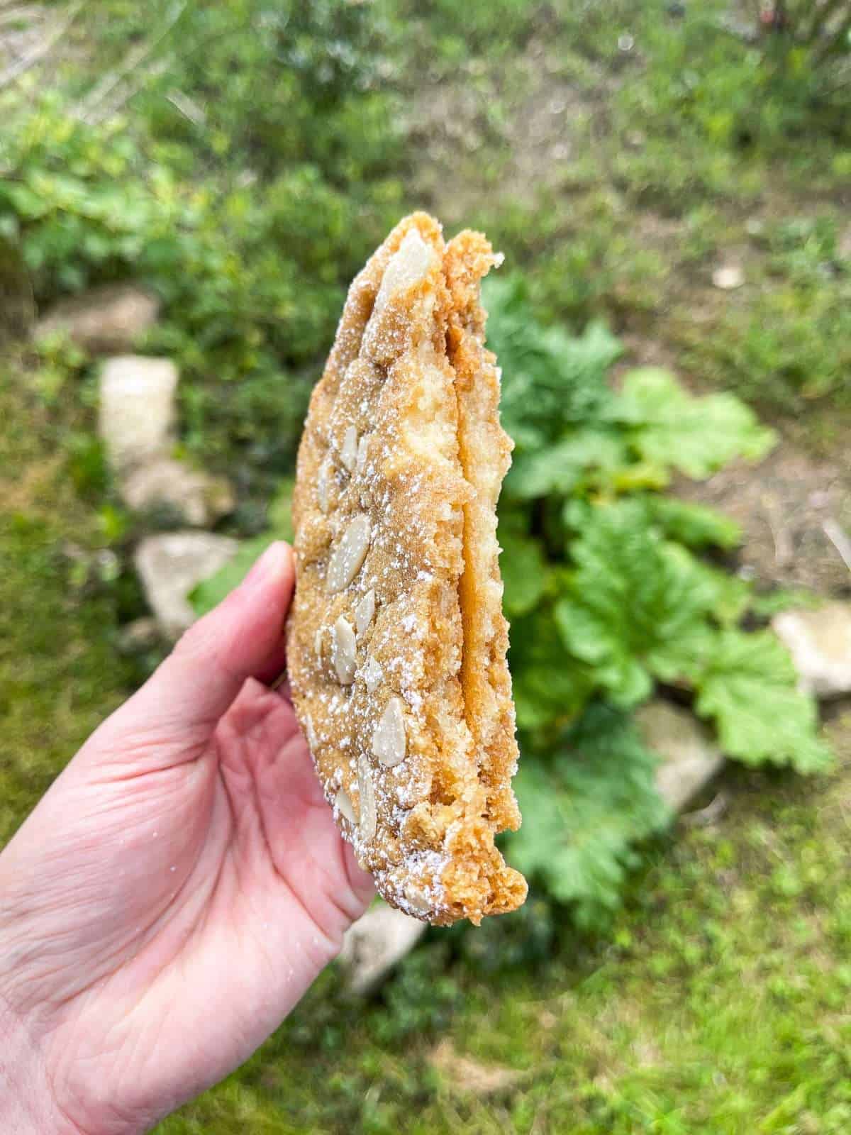 almond croissant chocolate chip cookie broken in half