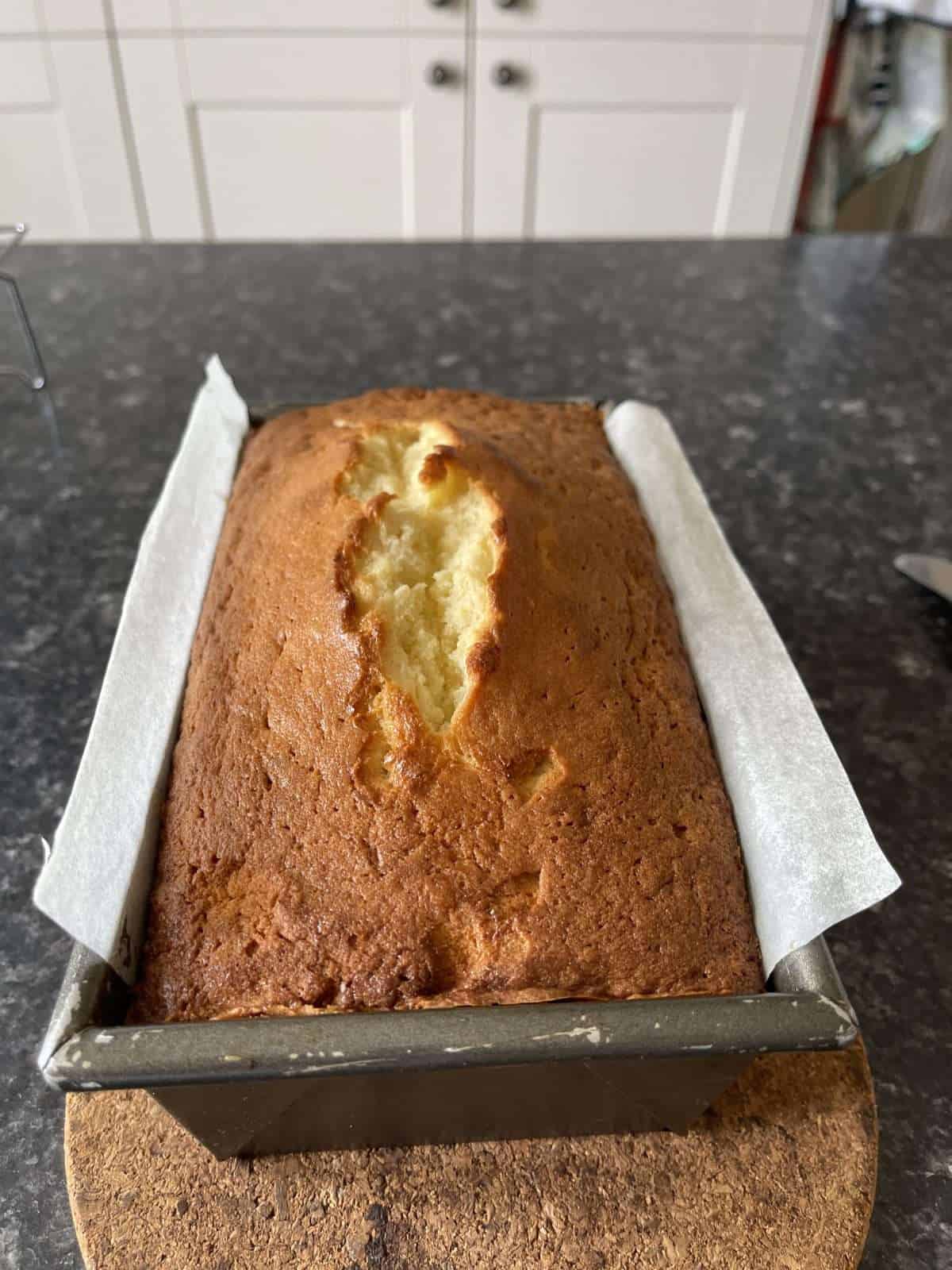 baked pound cake in tin