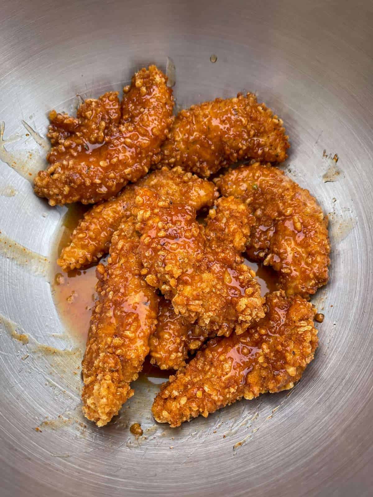 rice krispie fried chicken tenders with hot honey