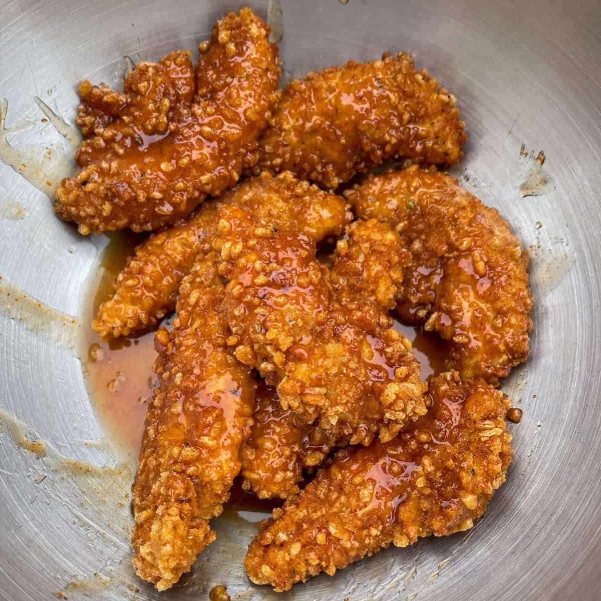 rice krispie fried chicken tenders with hot honey