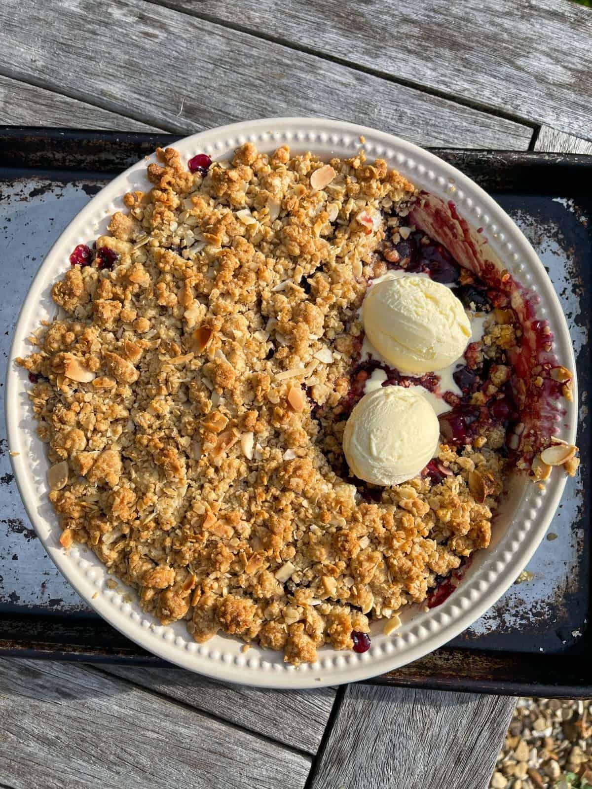 cherry bakewell crumble with ice cream