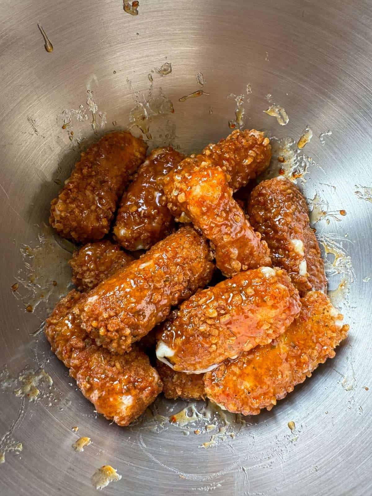 rice krispie fried mozzarella sticks with hot honey