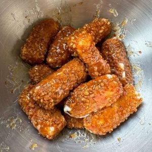 rice krispie fried mozzarella sticks with hot honey