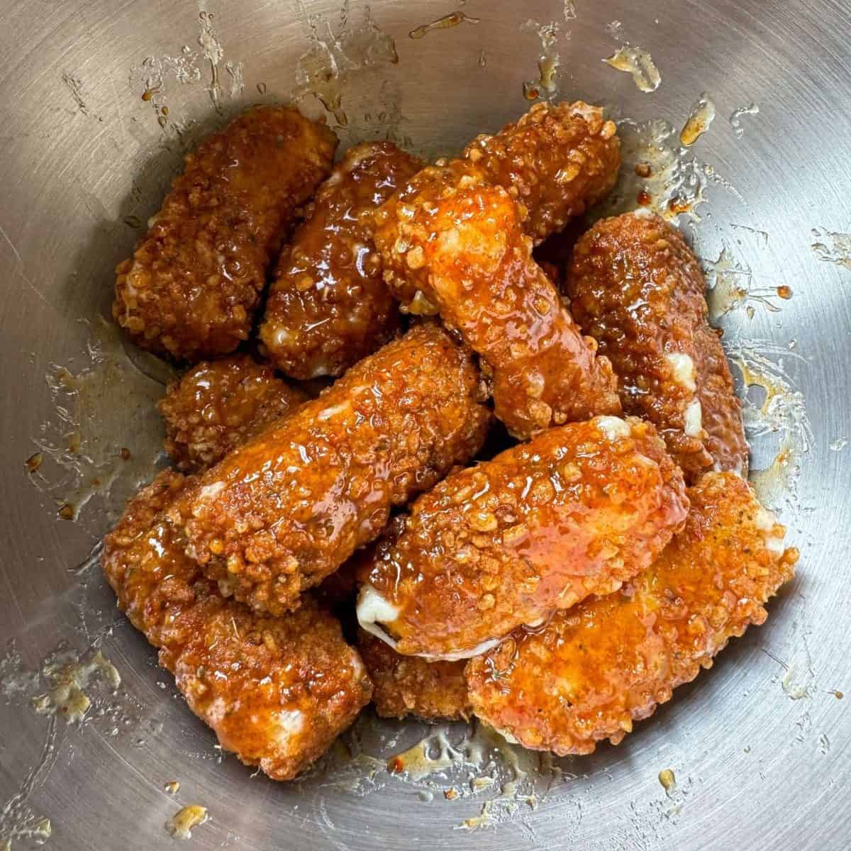 rice krispie fried mozzarella sticks with hot honey