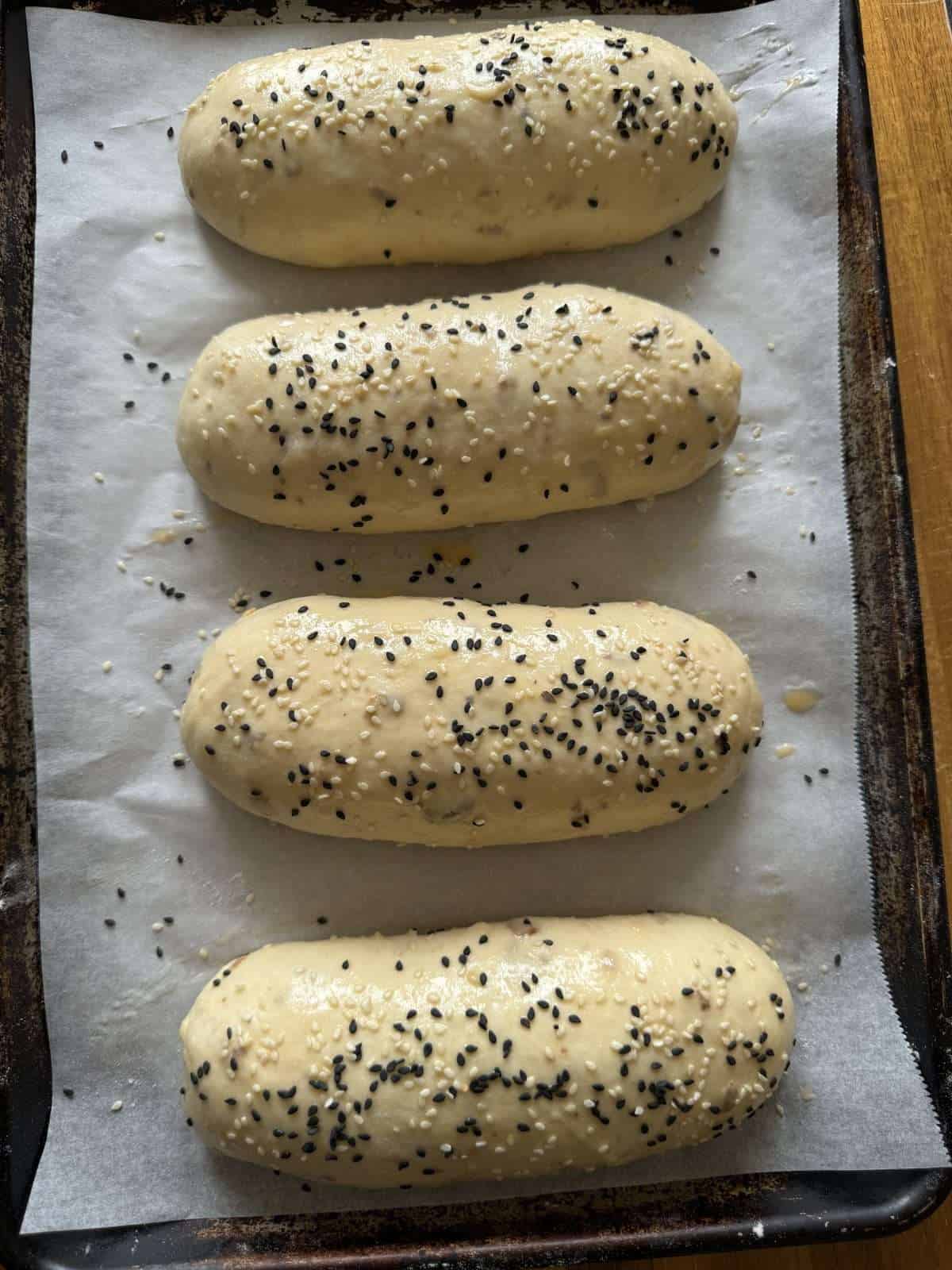 sesame seed topped hot dog buns