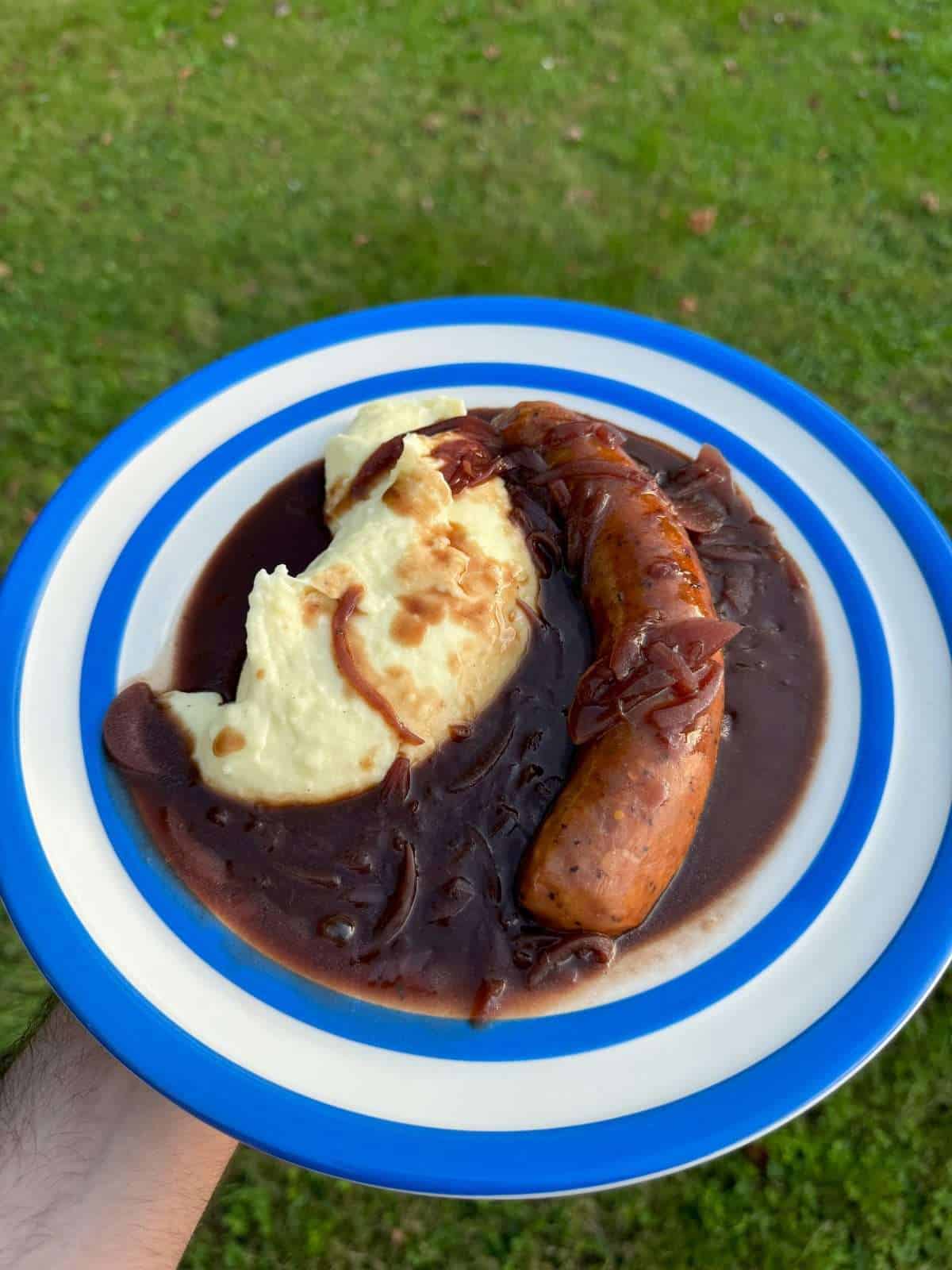sausage and mash with caramelised onion gravy
