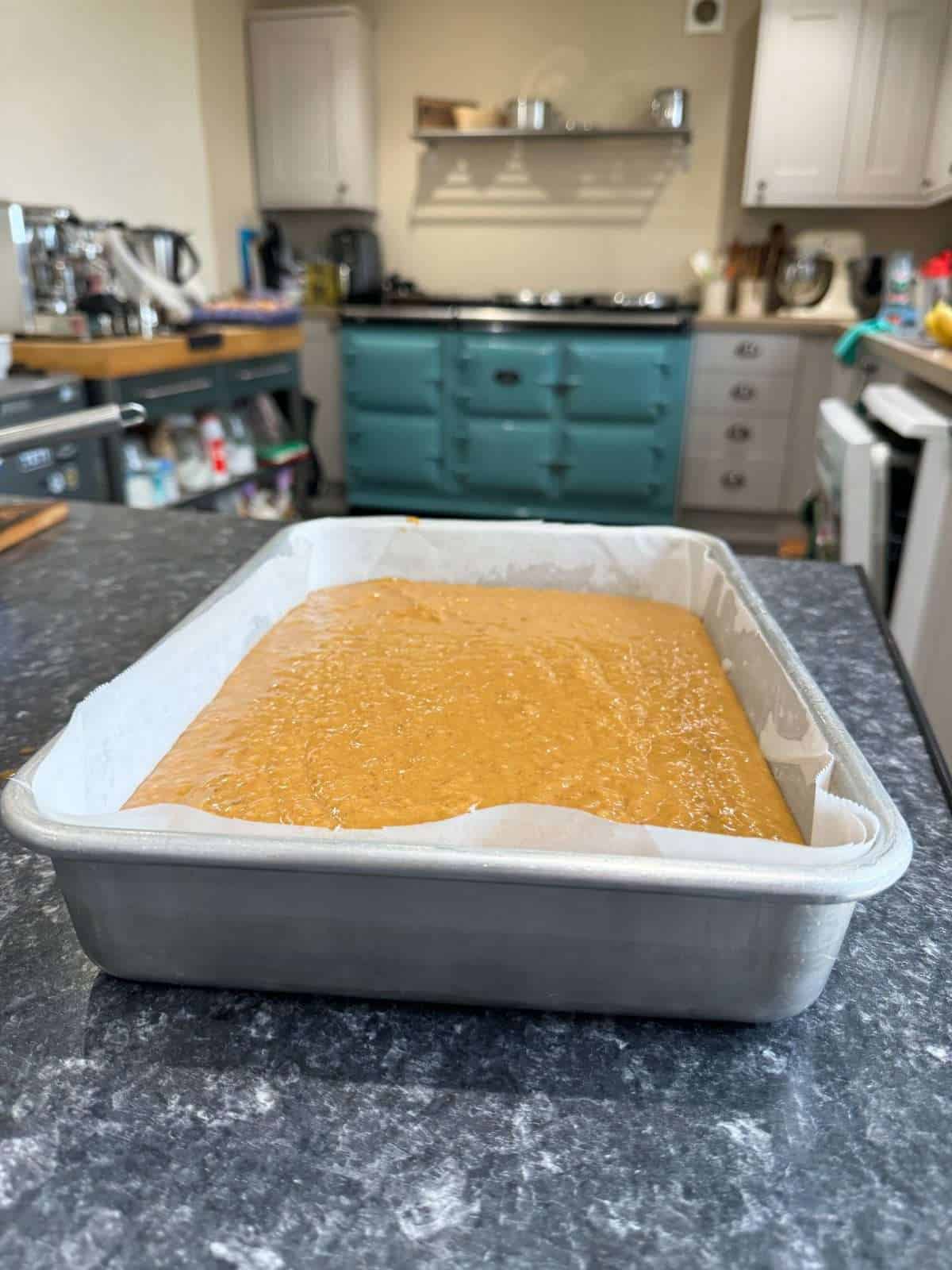 banana cake batter in tin