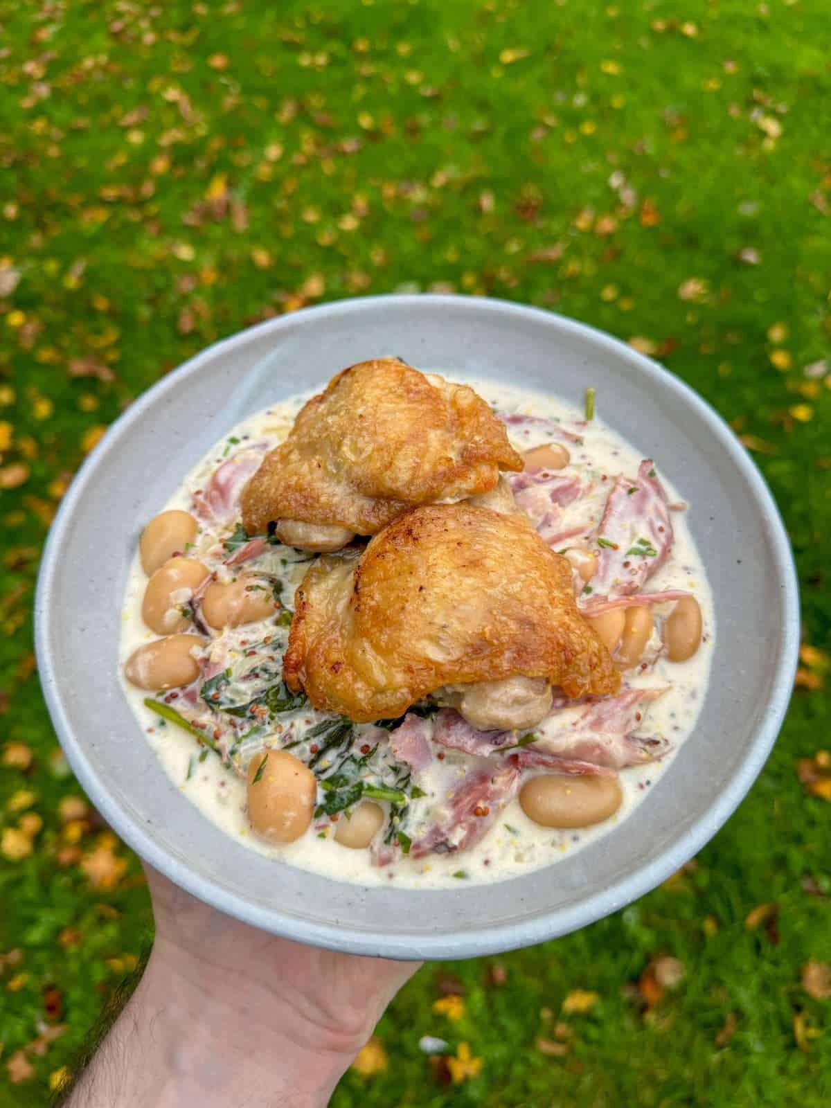 mustardy butter beans with pan roasted chicken thighs