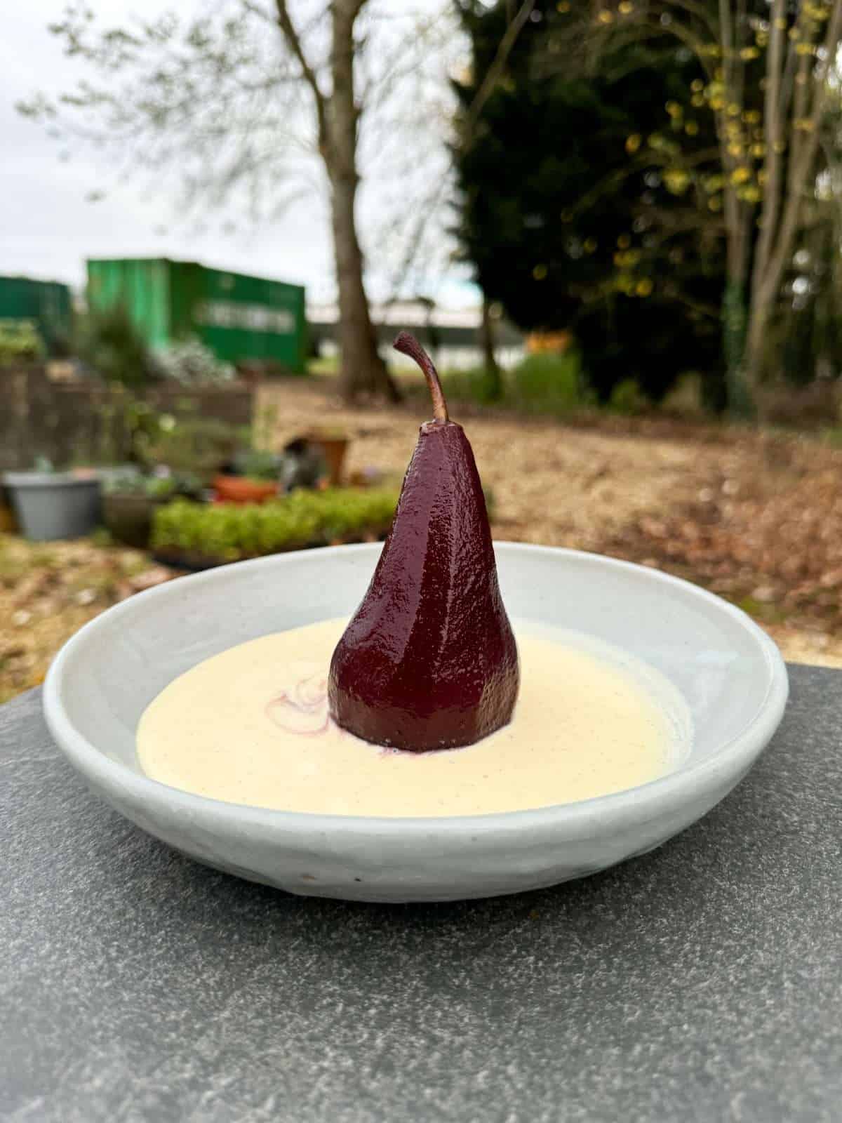 poached pear with creme anglaise