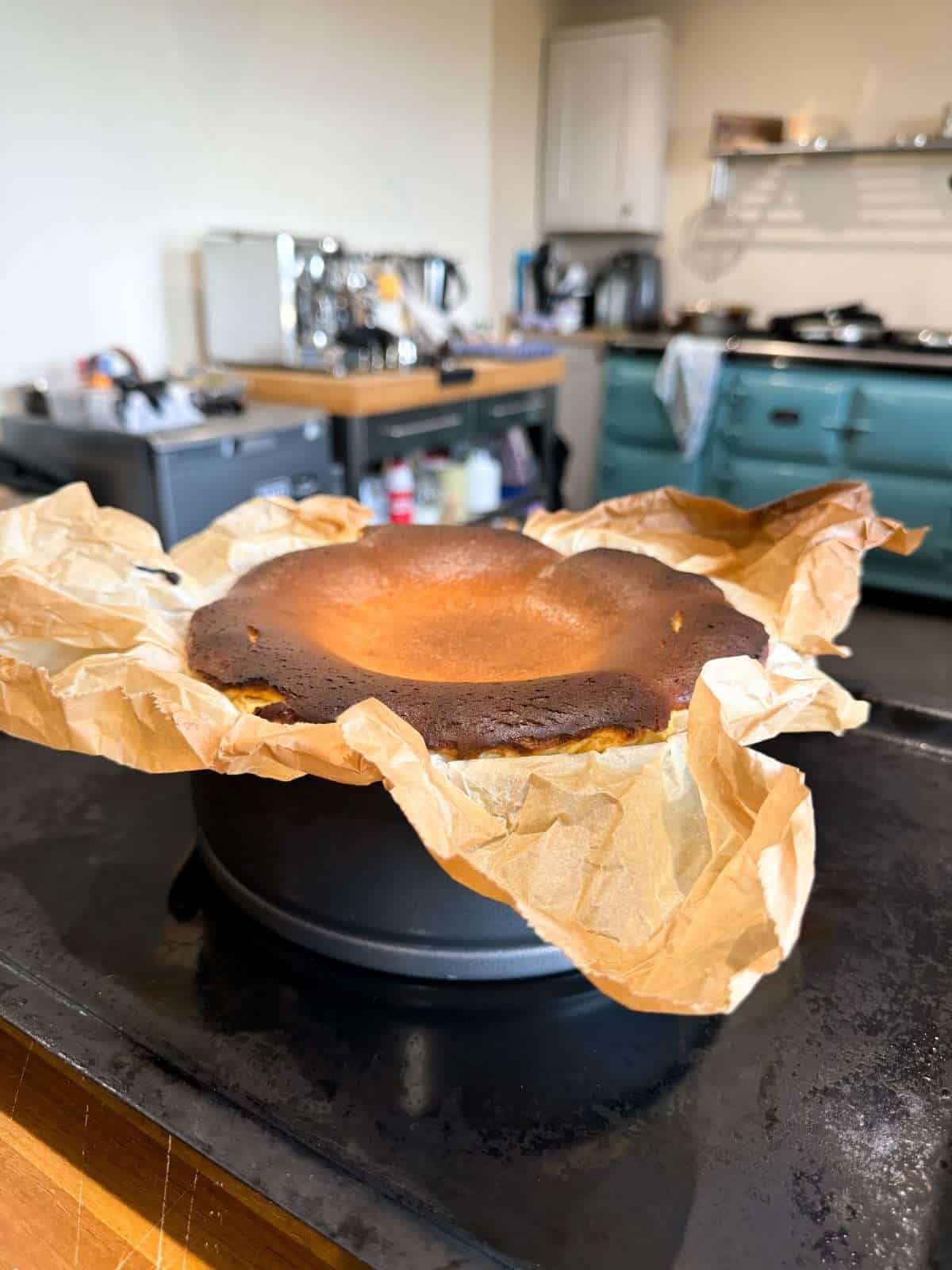 Basque cheesecake risen in oven