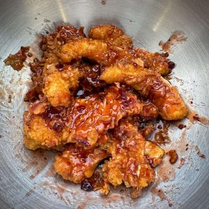 fried turkey tenders with cranberry hot honey