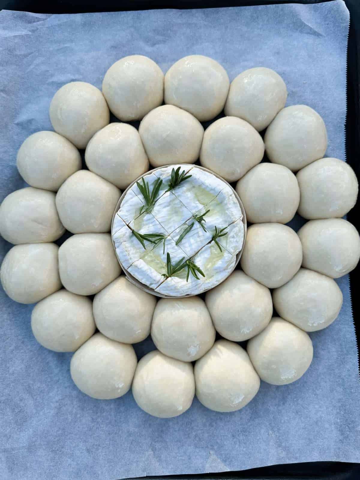 camembert bread wreath ready to bake