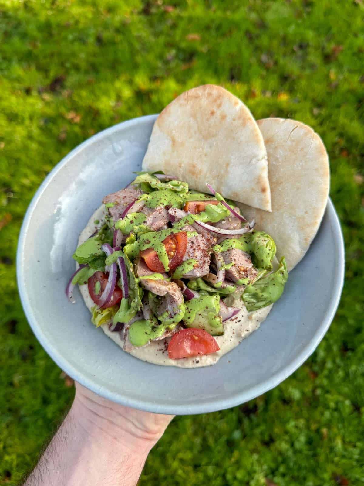 chickpea hummus with roast lamb salad