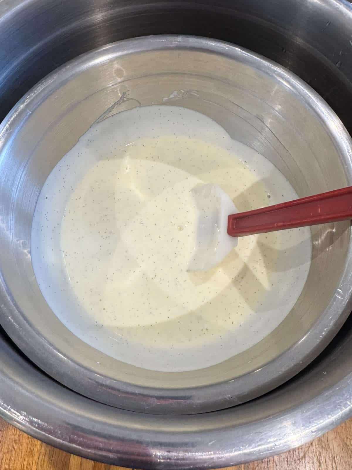 stirring panna cotta over ice