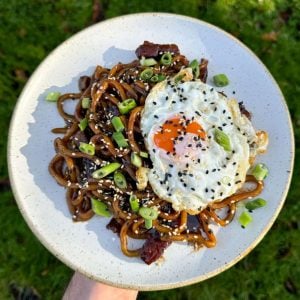 teriyaki roast pork noodles with crispy eggs
