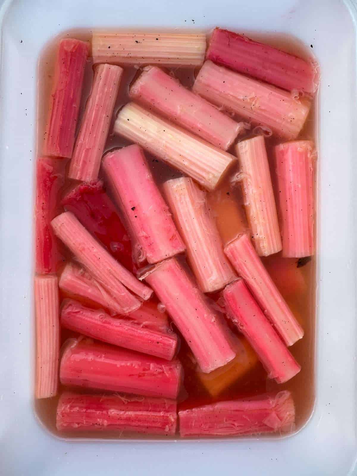 poached forced rhubarb in syrup