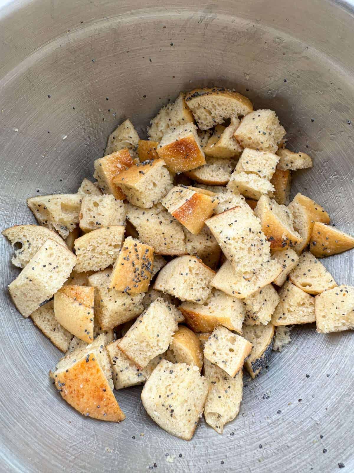 bagel chunks drizzled with olive oil