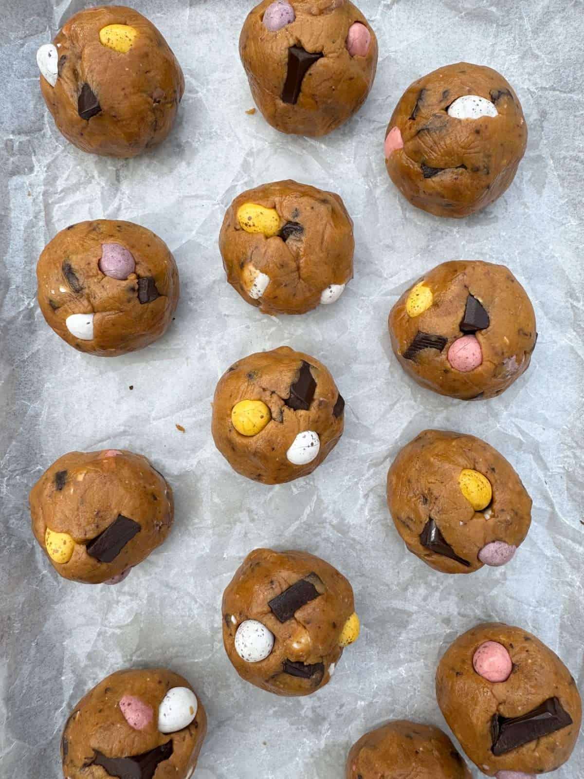 balls of mini egg cookie dough