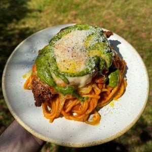 chicken parmesan with spaghetti & pesto