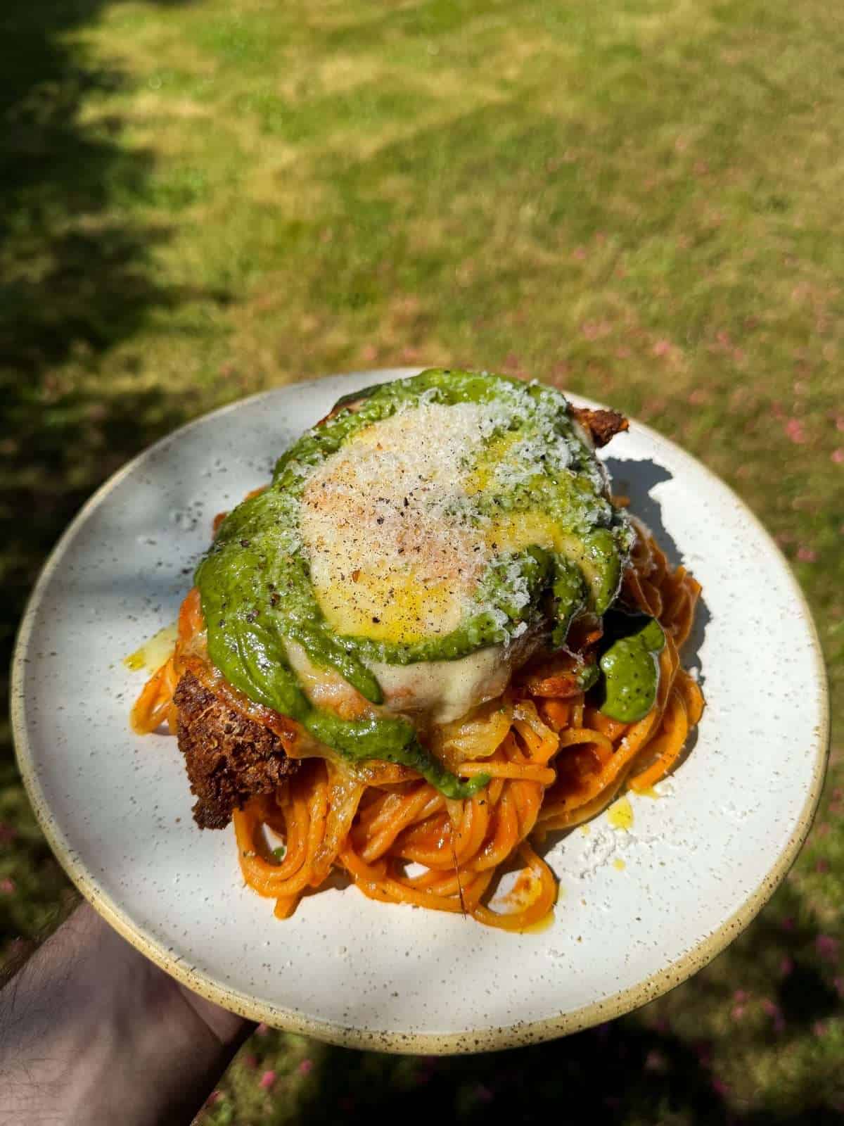 chicken parmesan with tomato spaghetti