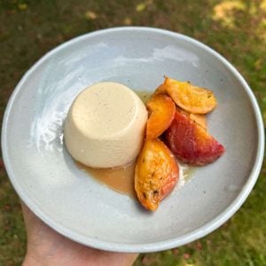 burnt honey & almond panna cottas with roasted peaches