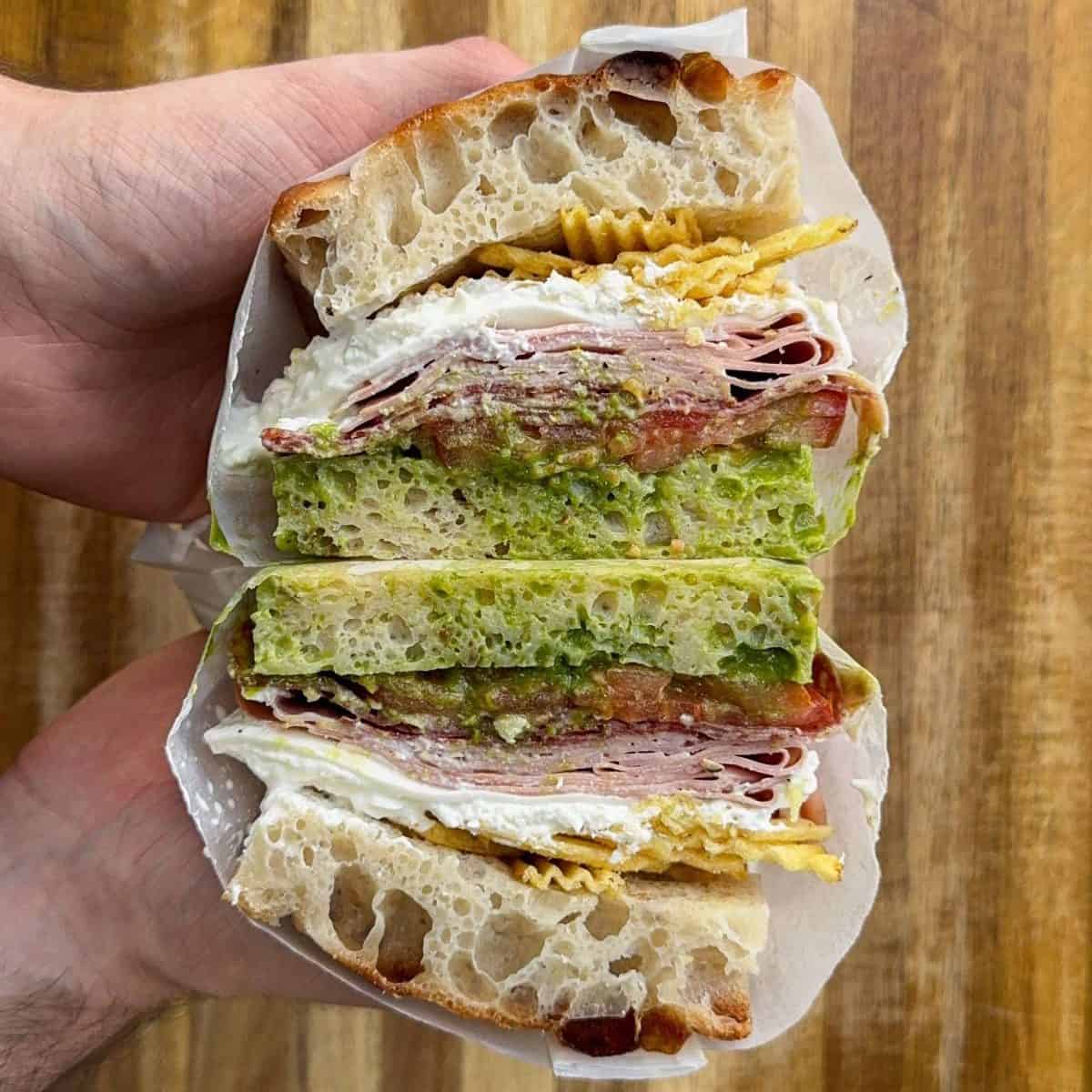 3 meat pesto burrata focaccia sandwich