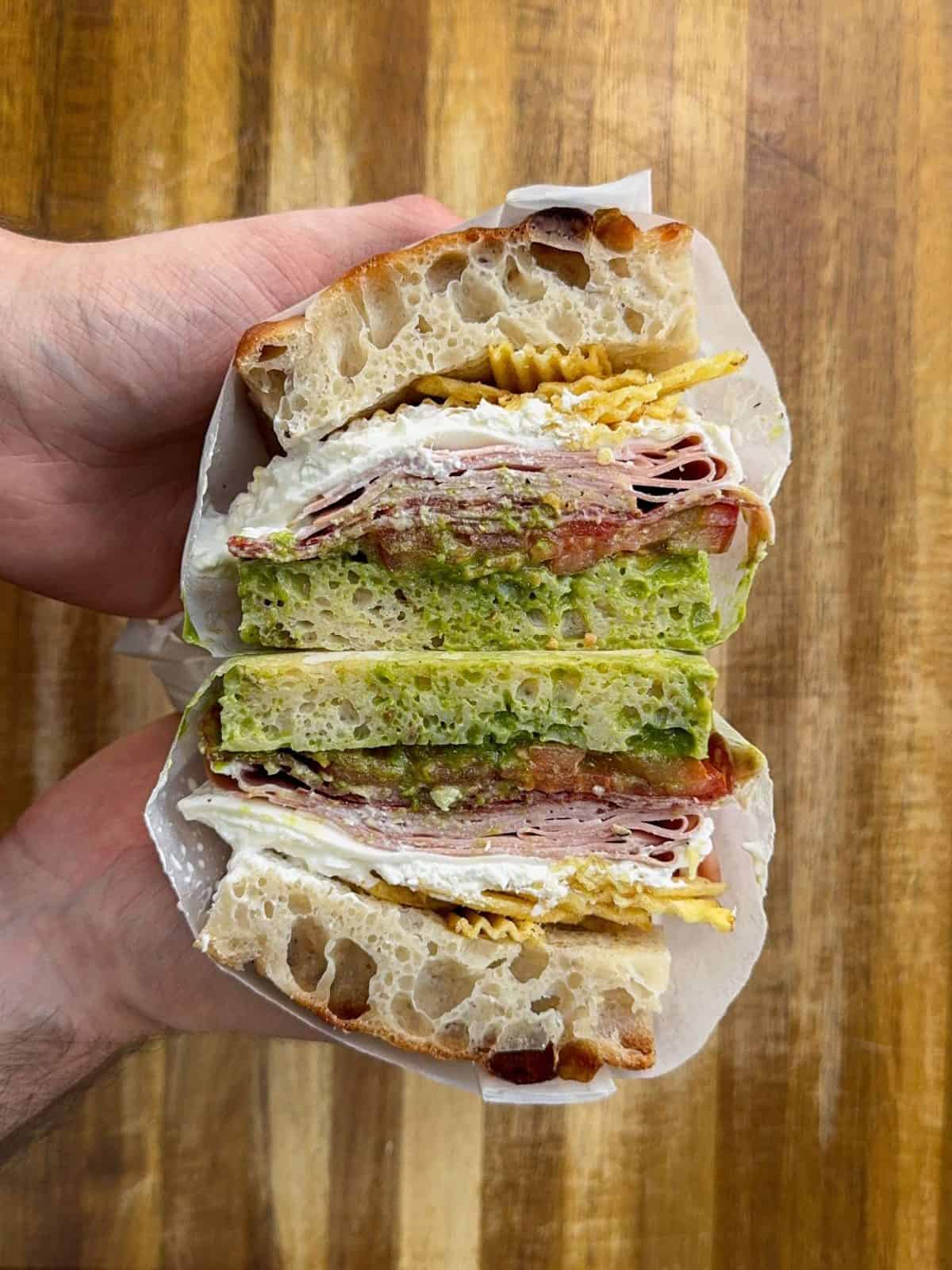 3 meat focaccia sandwich cross section