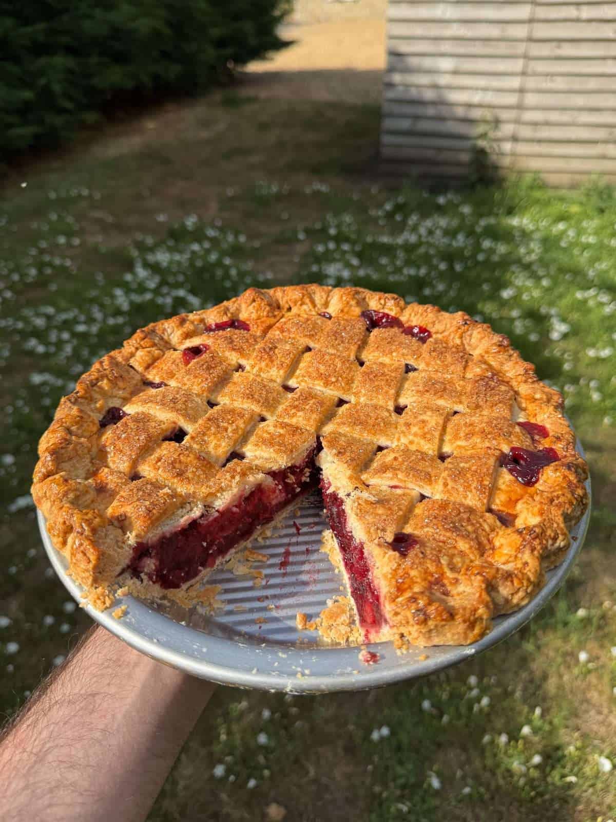 cherry pie with a slice cut out