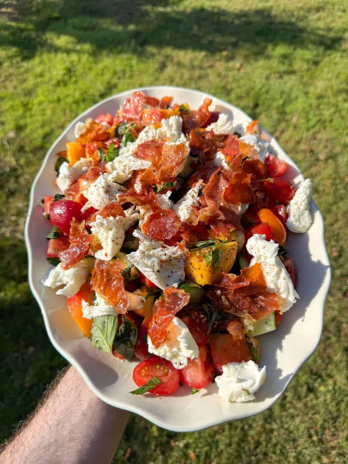 tomato peach prosciutto salad with torn mozzarella
