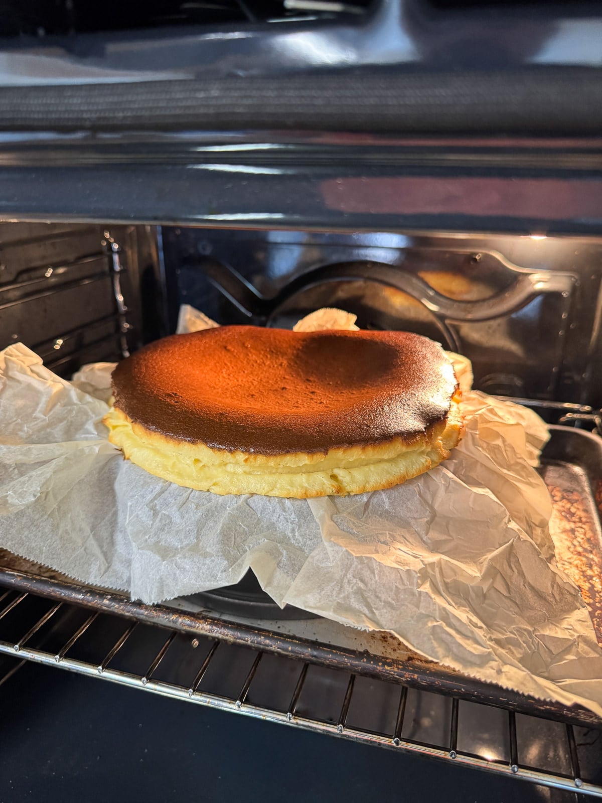 Basque cheesecake risen in oven