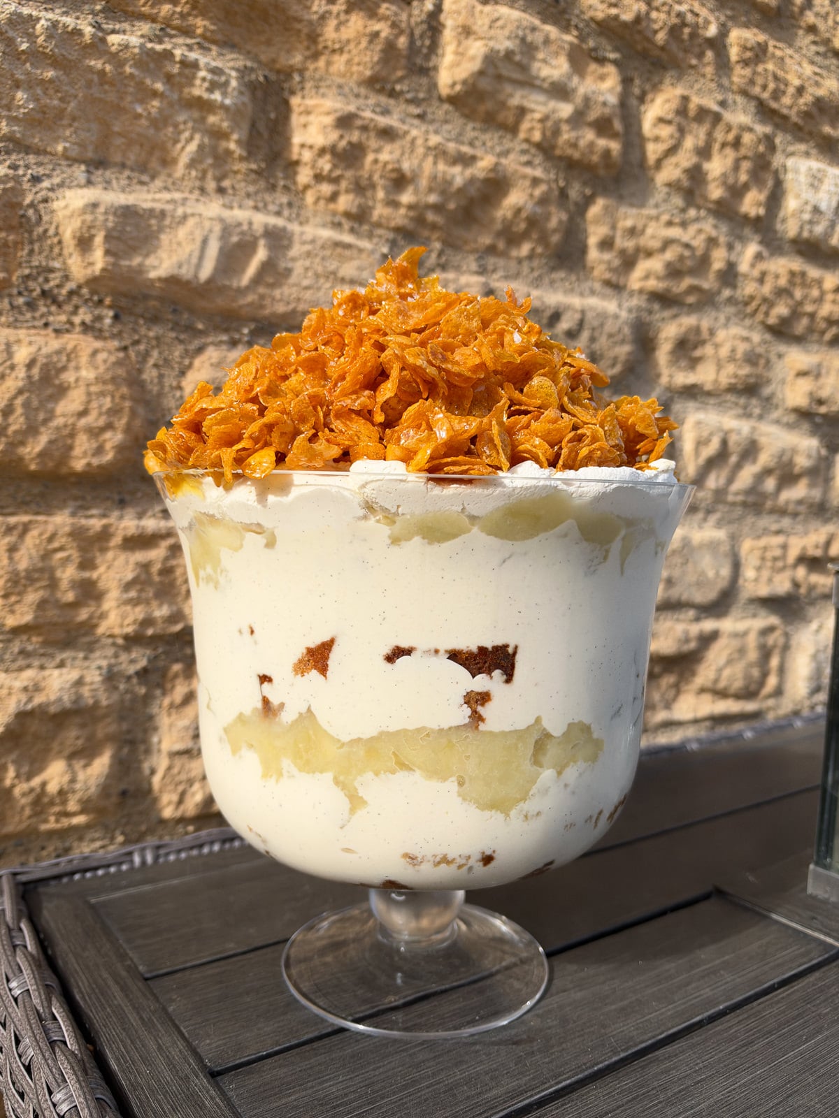 apple trifle with syrup cornflake topping