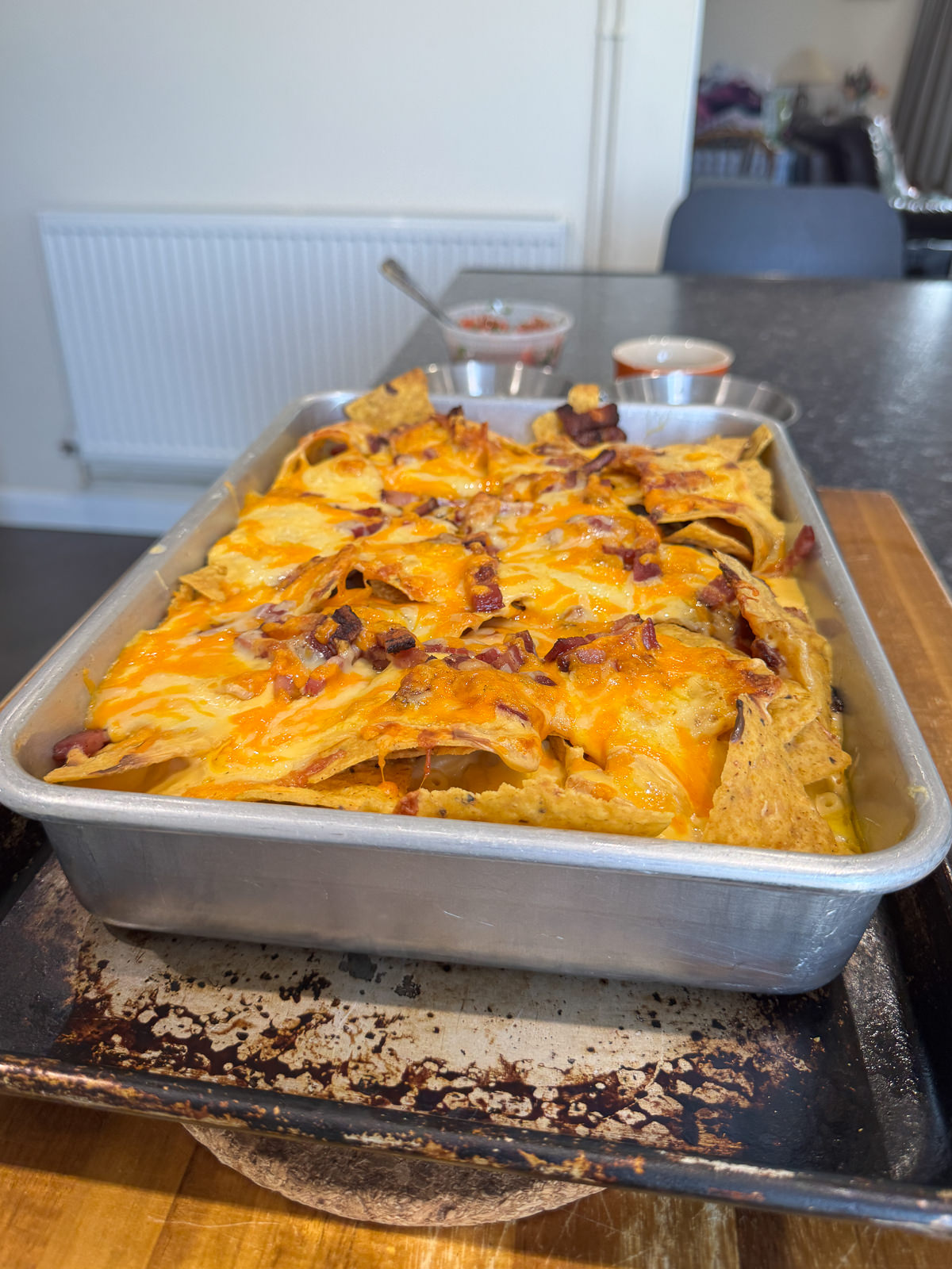 backed mac and cheese topped with tortilla chips