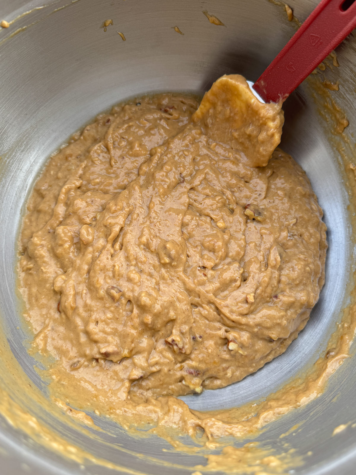 banana bread batter in mixing bowl