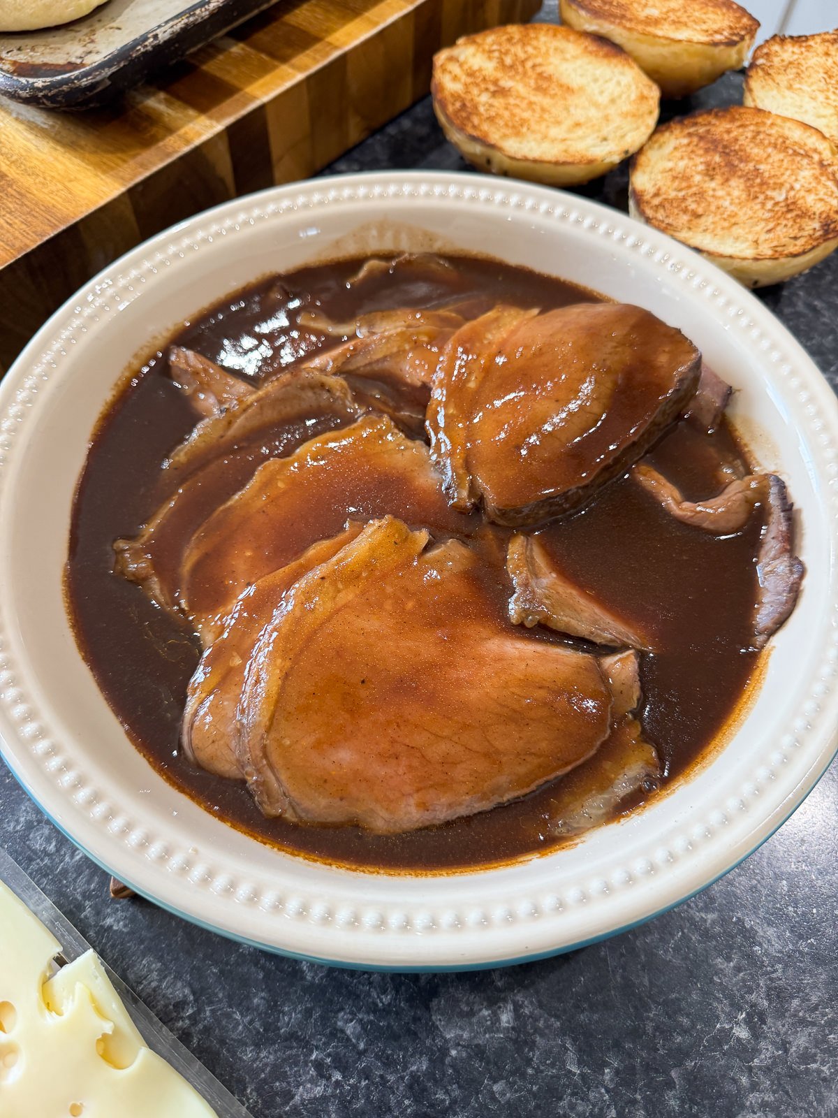 leftover roast beef warmed up in gravy