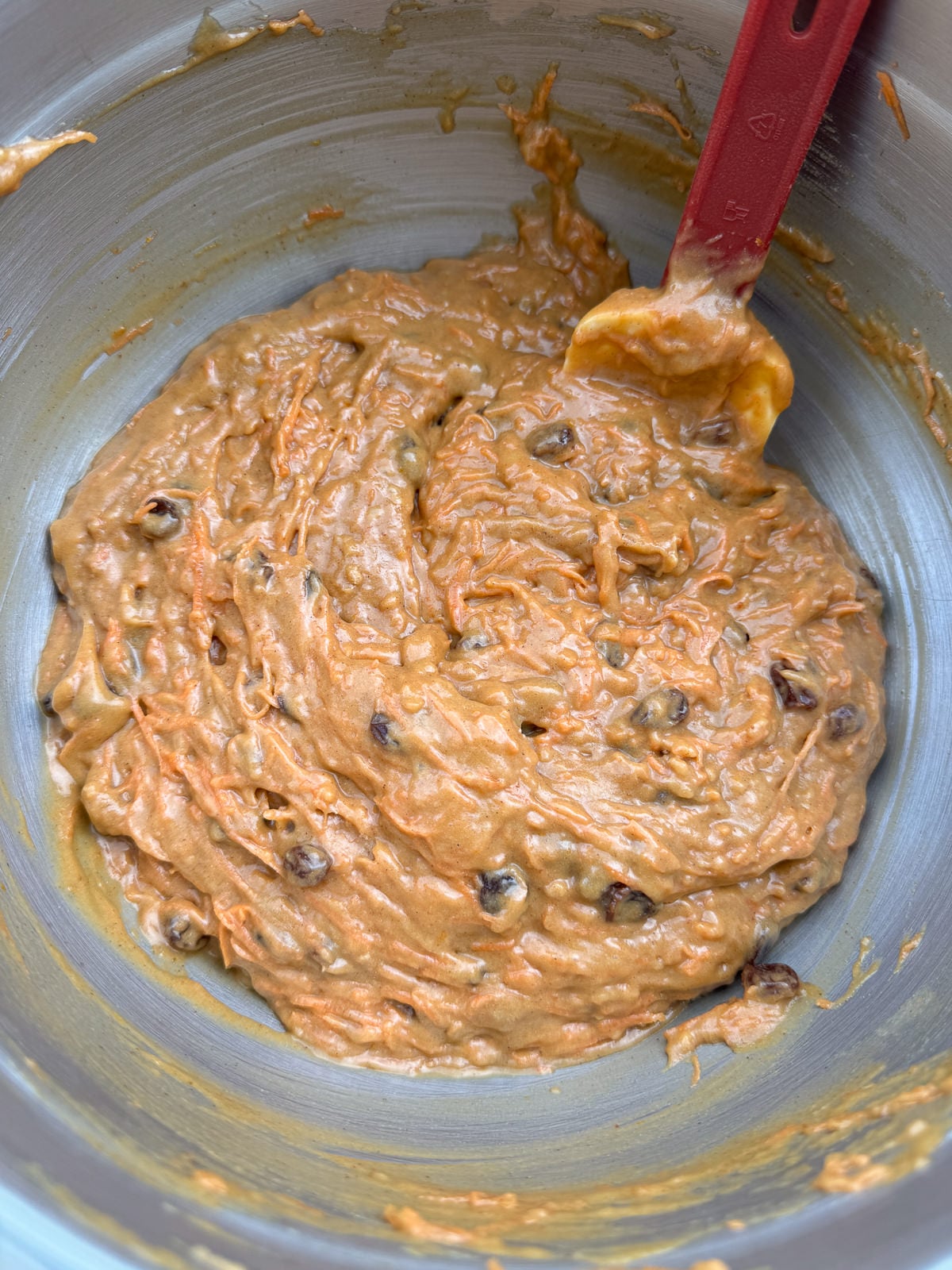 brown butter carrot cake batter in mixing bowl