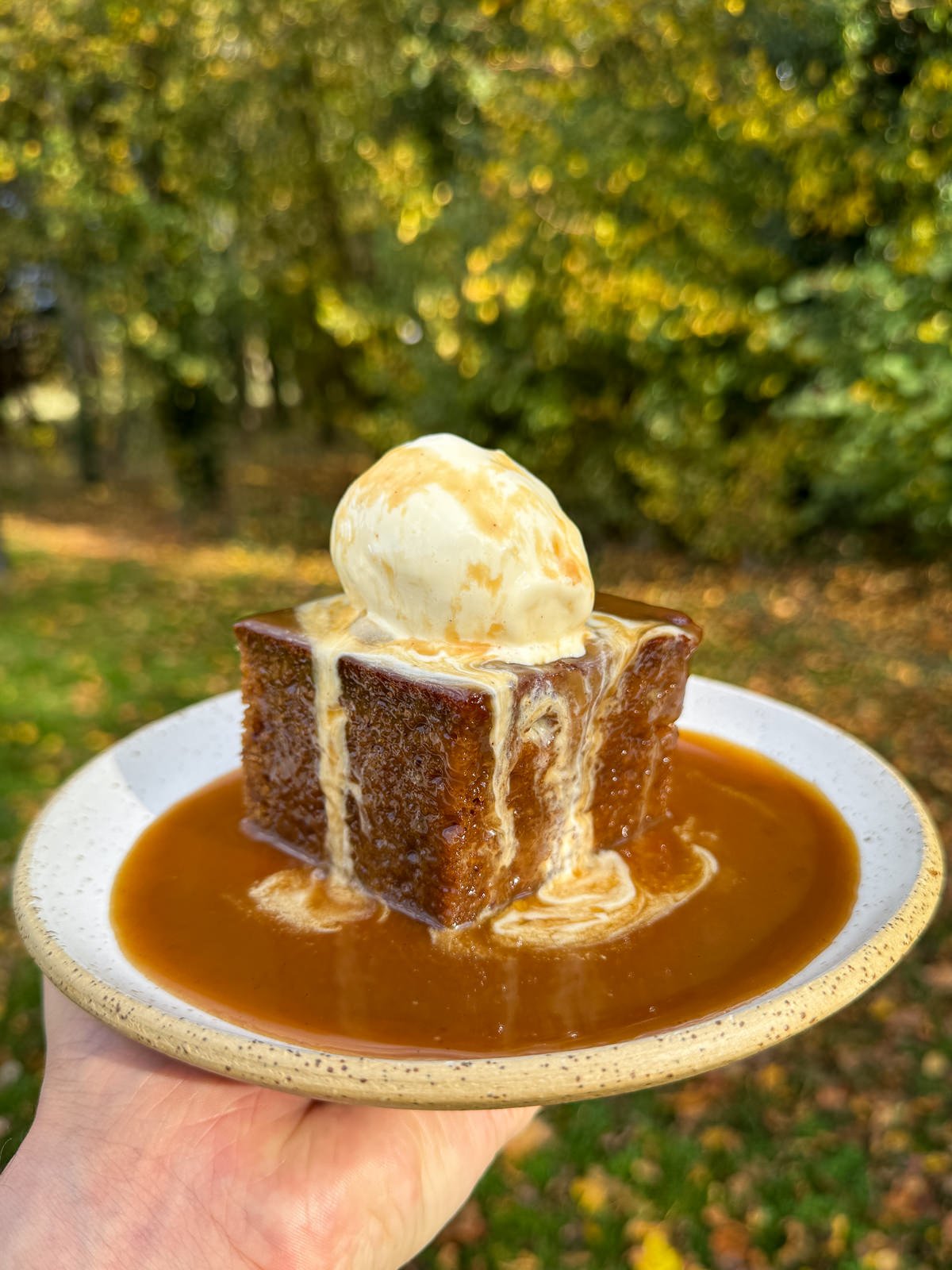 brown butter sticky toffee pudding with vanilla ice cream