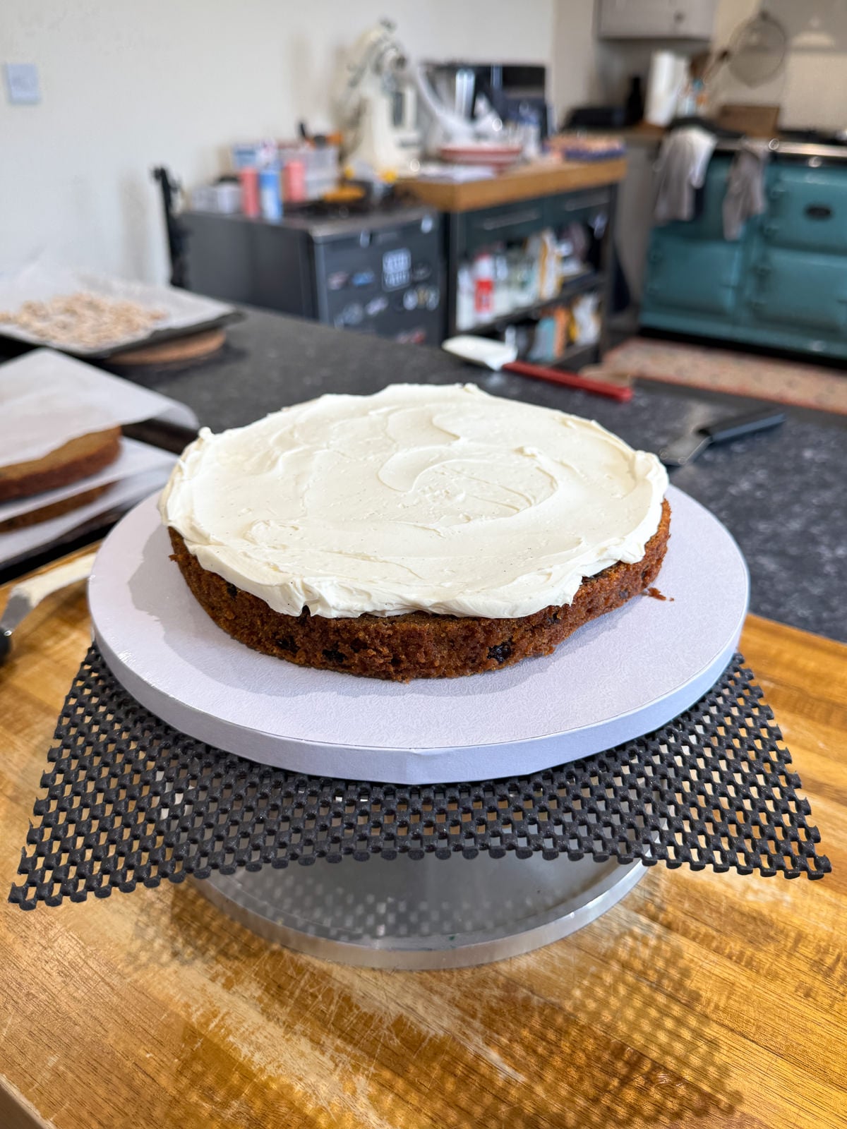 carrot cake assembly on turn table