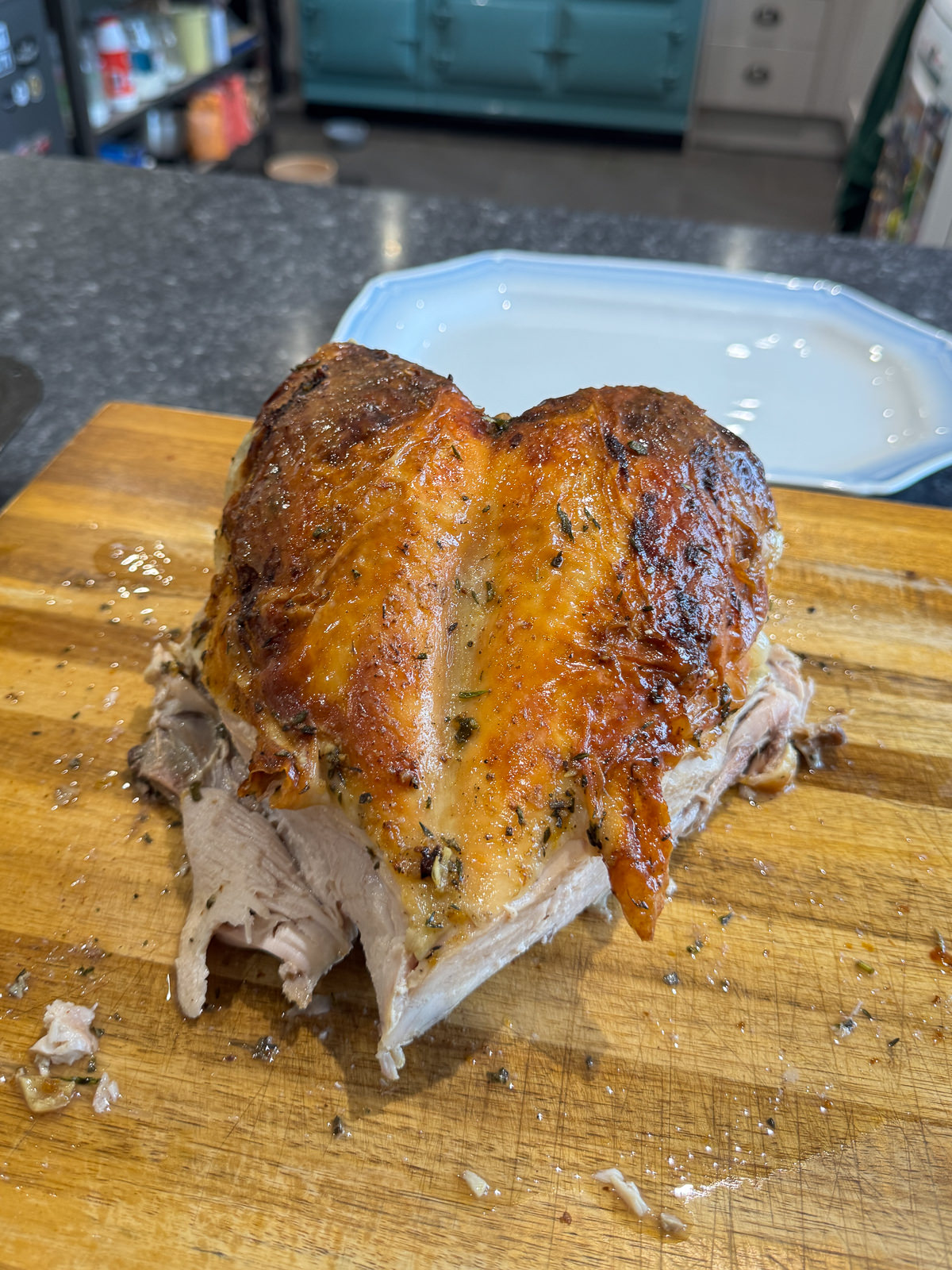 carving turkey crown to release breasts
