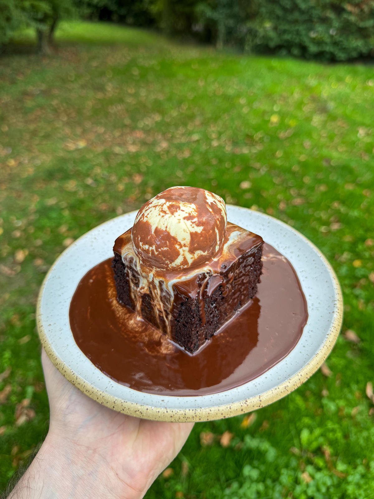 chocolate fudge cake with vanilla ice cream