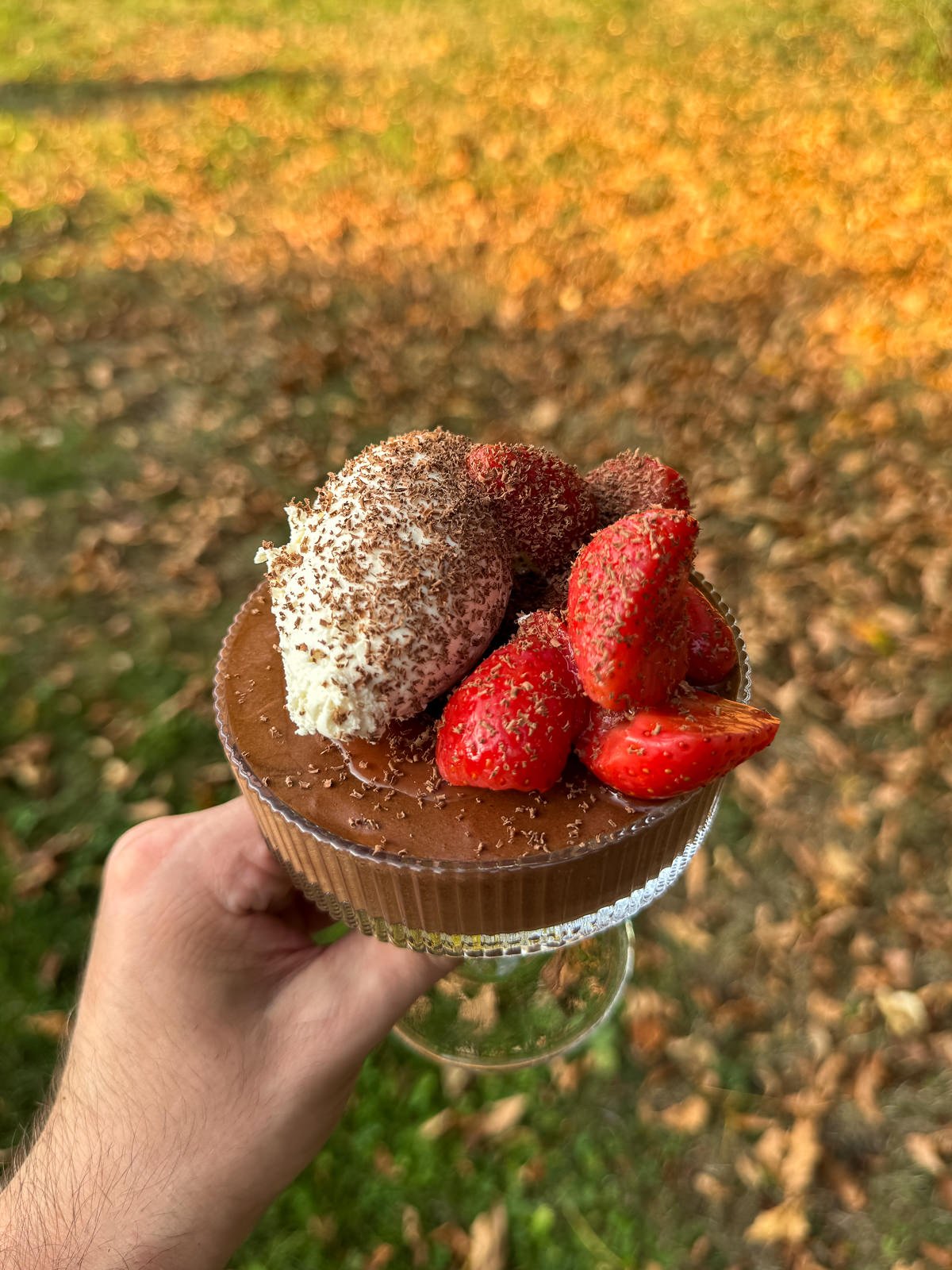 dark chocolate mousse with whipped cream macerated strawberries