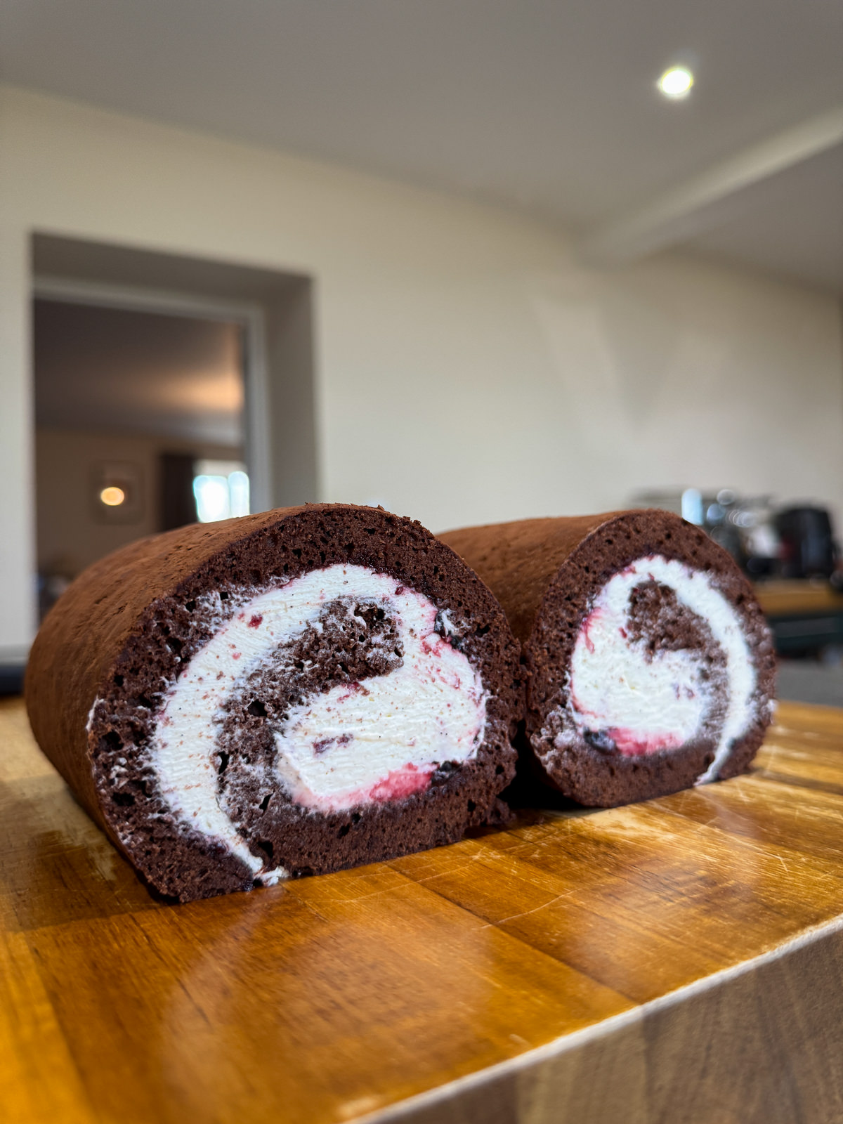 chocolate cherry Swiss roll cross section